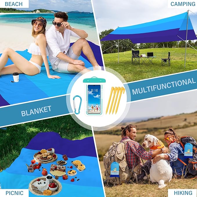 BYDOLL Beach Blanket Waterproof Sandproof 78''×81'' Suits1-4 Adults Compact Lightweight Oversized Sand-Free Blanket Large Picnic Mat for Beach Travel Camping Hiking
