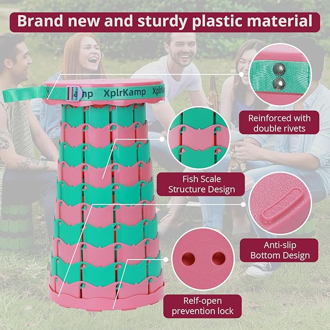 Retractable Folding Stool - Heavy Duty 400 lb Collapsible Portable Stool for Camping, Hiking, Fishing, Indoor/Outdoor with Non-Slip Base and Lightweight Design (Pink Green, 2-Pack)