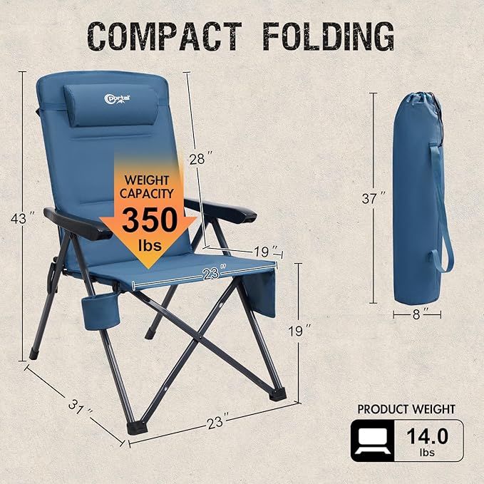 PORTAL Reclining Camping Chair with Adjustable Back Folding Camp Recliner for Adults Portable High Back Oversized, 400LBS (Blue)