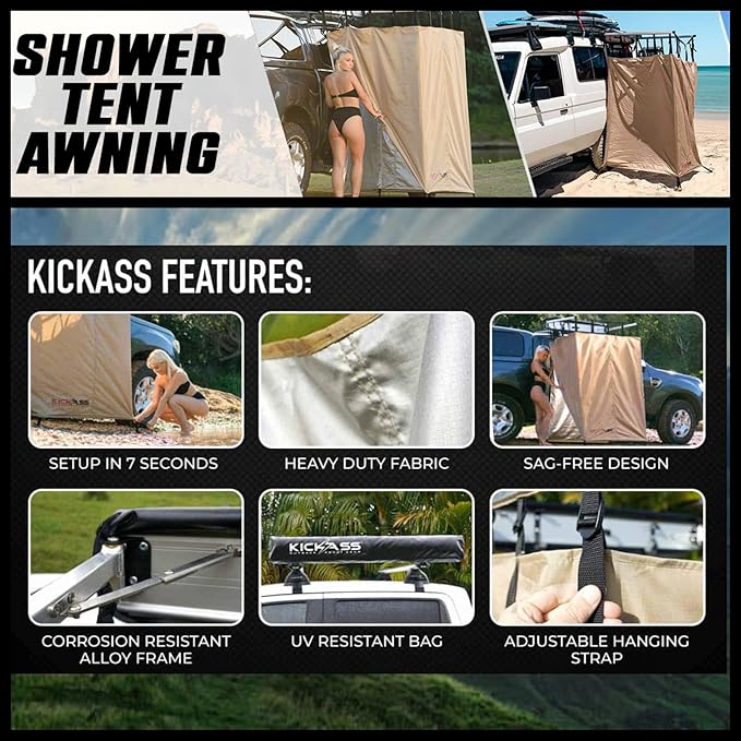 KickAss Instant Ensuite Camping Shower Tent Awning for Cars - Use on Jeep, Toyota, Great 4x4 Accessory Perfect for Camping, Off Roading, Boating, Fishing, Travel, RV's, Festivals, Road Trips