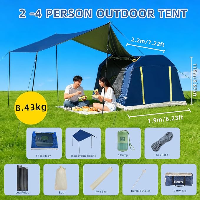 2-4 Person Inflatable Camping Tent | 60 Second Setup | 4 Season Waterproof (PU3000 Oxford) | All Weather Tent for Romantic Dates, Fall/Winter Camping, Hunting & Fishing