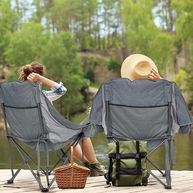 Oversized Camping Chair, Portable Folding Padded Camp Chairs with Side Pocket, Cup Holder, Heavy Duty Support 500LBS Outdoor Lounge Chair for Adults, Fishing, Sports, Trip, Grey
