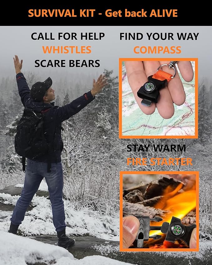 5-in-1 Tactical Keychain Lanyard for Hiking Fishing Hunting & Outdoor Emergencies | Multipurpose Survival Safety Tool with Compass, Emergency Whistle, Fire Starter (2 Pack Black/Orange)