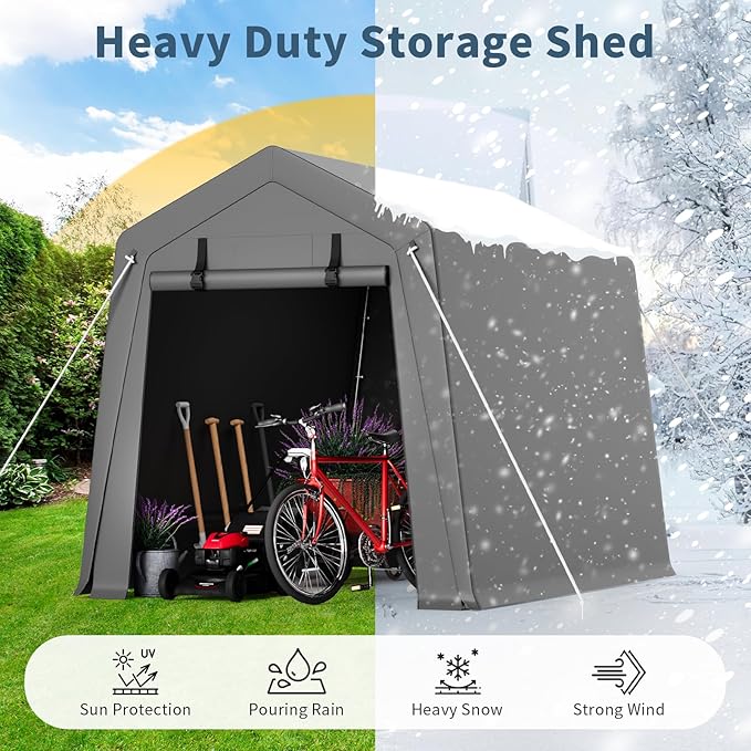 GAOMON 6'x8' Outdoor Portable Garage, Waterproof & UV-Resistant Storage Shed with 2 Roll-Up Doors, Carport Tent for Motorcycle, Bike, and Tools, Gray