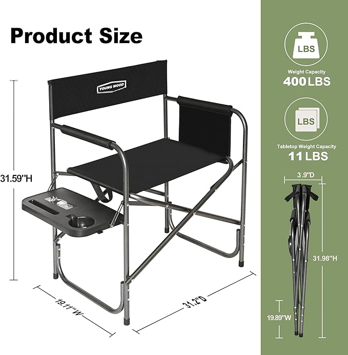 YOUNG WOOD Camping Directors Chair with Side Table, Foldable and Portable, Fishing,Trip,Picnic,Hike,Lawn,Sports,Beach,Outdoor Camping Chair for Adults,Drink Holder and Mobile Storage,2p
