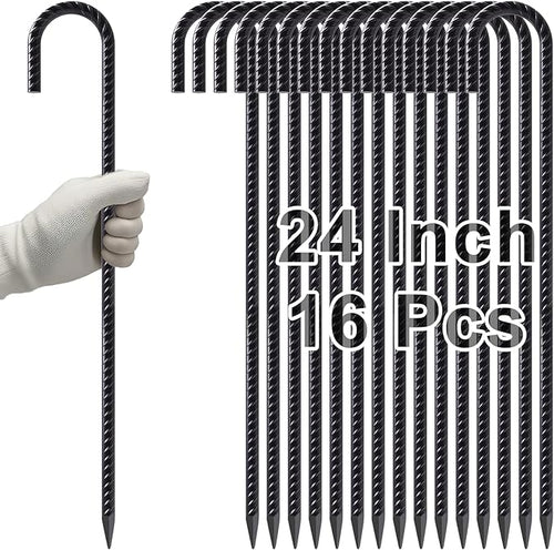 VVOKGO 24 Inches Rebar Stakes Heavy Duty J Hook, Curved Steel Plant Support Garden Stake with Chisel Point end, Hammer Through Hard Soil for Chain Link Fence and Gazebo - Black Coated 16pcs