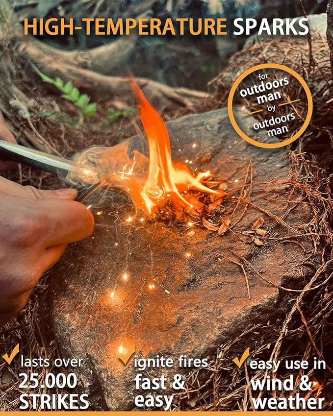 YUNFIRE Fire Starter-5" x 1/2" Thick Ferro Rod with Multi-Tool Striker & Type 550 Paracord, 25,000+ Strikes, Drilled Flint Fire Steel for Emergency Survival, Camping, Hiking