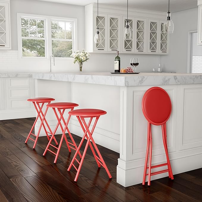 Lavish Home Folding Stool Set - Set of Four 24-Inch Padded Stools with 225lb Capacity for Kitchen, Dorm, or Rec Room - Portable Stools for Adults - Collapsible Sitting Stool Set for Seating (Red)