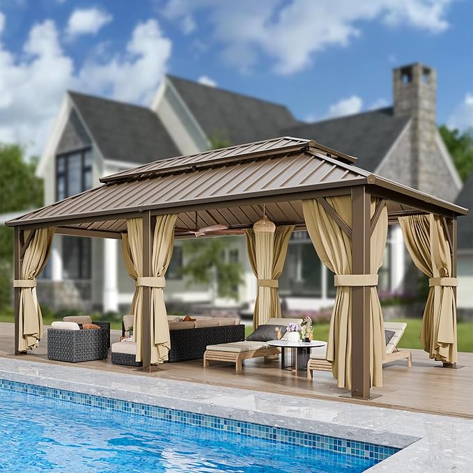 HOTEEL 12x20 Hardtop Gazebo with Metal Roof, Heavy Duty Galvanized Steel Gazebo, Reinforced Square Column, Flame-Resistant Curtains and Netting, Suitable for All-Weather,Brown(Pro)
