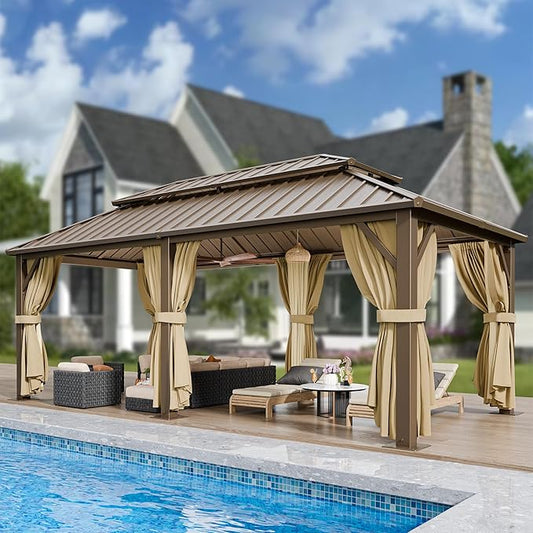 HOTEEL 12x20 Hardtop Gazebo with Metal Roof, Heavy Duty Galvanized Steel Gazebo, Reinforced Square Column, Flame-Resistant Curtains and Netting, Suitable for All-Weather,Brown(Pro)