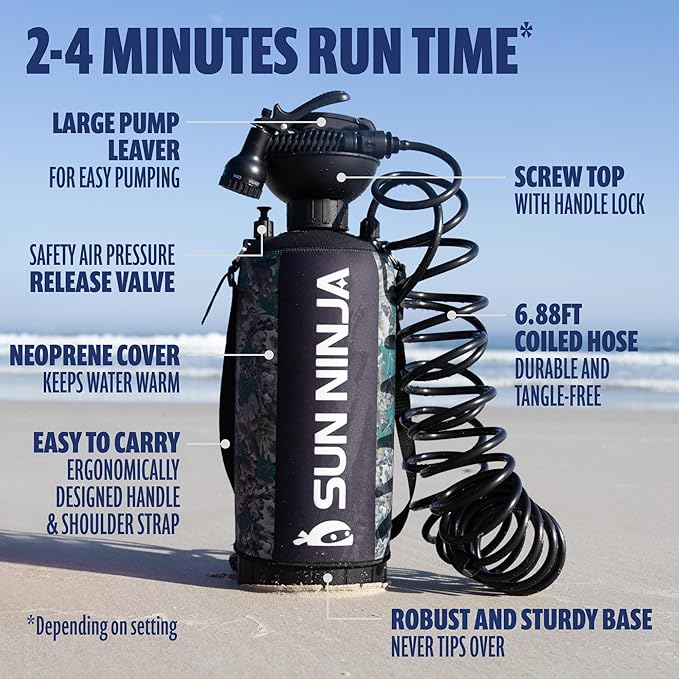 SUN NINJA Portable Shower, Outdoor Portable Camping Shower with Neoprene Cover, Portable Beach Shower Surf Rinse Kit, High Pressure Multi-Purpose Sprayer for Outdoor Essentials, Dog Walking & Hiking