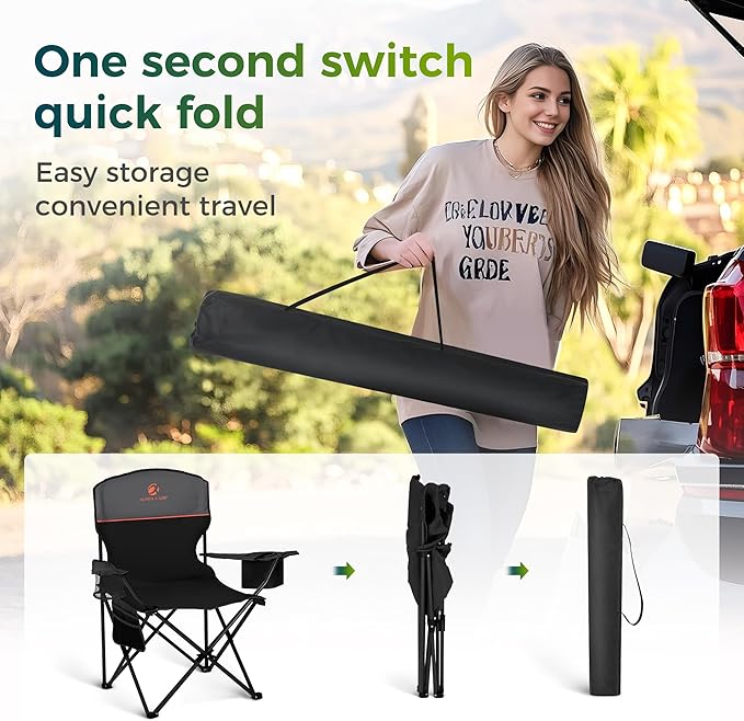 ALPHA CAMP Folding Camping Chairs for Adults Lawn Chairs Outdoor Chairs Support 250 LBS Portable Camp Chairs with Cup Holders Cooler Pouch for Outdoor, 2 Pack (Black)