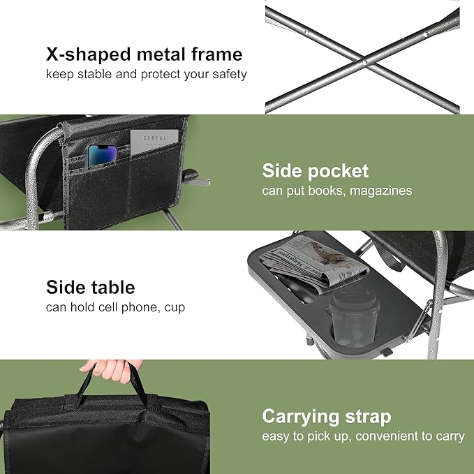 YOUNG WOOD Camping Directors Chair with Side Table, Foldable and Portable, Fishing,Trip,Picnic,Hike,Lawn,Sports,Beach,Outdoor Camping Chair for Adults,Drink Holder and Mobile Storage,2p