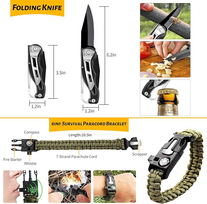 Emergency Survival Gear Kits 60 in 1, Outdoor Survival Tool with Emergency Bracelet Whistle Flashlight Pliers Pen Wire Saw for Camping, Hiking, Climbing,Car