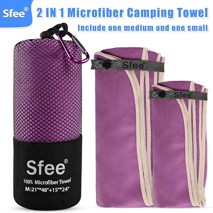 Sfee 2 Pack Microfiber Travel Towel, Quick Dry Towel Camping Towel Super Absorbent Compact Lightweight Sports Towel Swim Towel Gym Towel Beach Towel Set for Gym, Hiking, Pool, Backpacking, Bath, Yoga