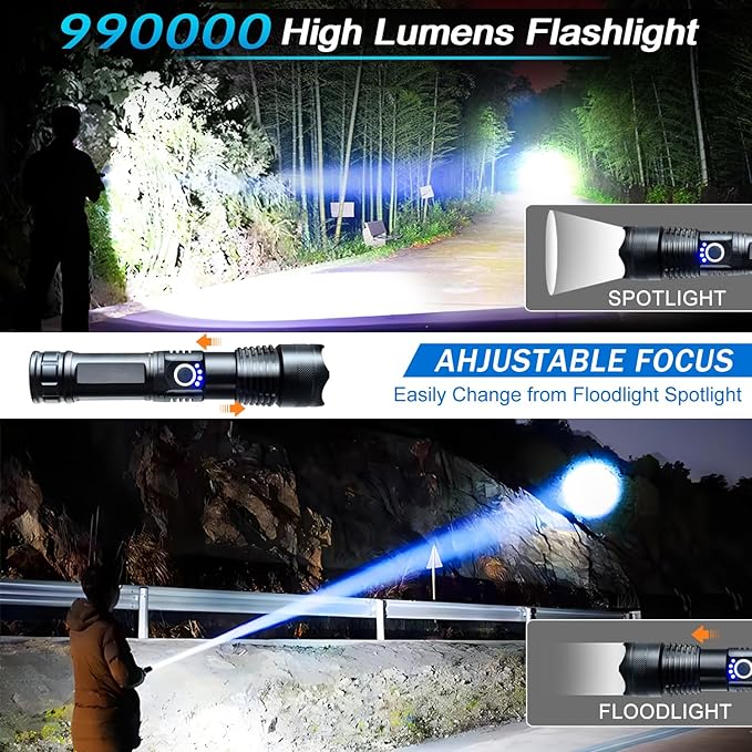 Flashlights High Lumens Rechargeable, Super Bright 900000 High Lumen 15 Hours Long Life LED Tactical Flashlight, 5 Light Modes, IPX7 Waterproof High Powered Flash Lights,Suitable for Emergency, Hiking