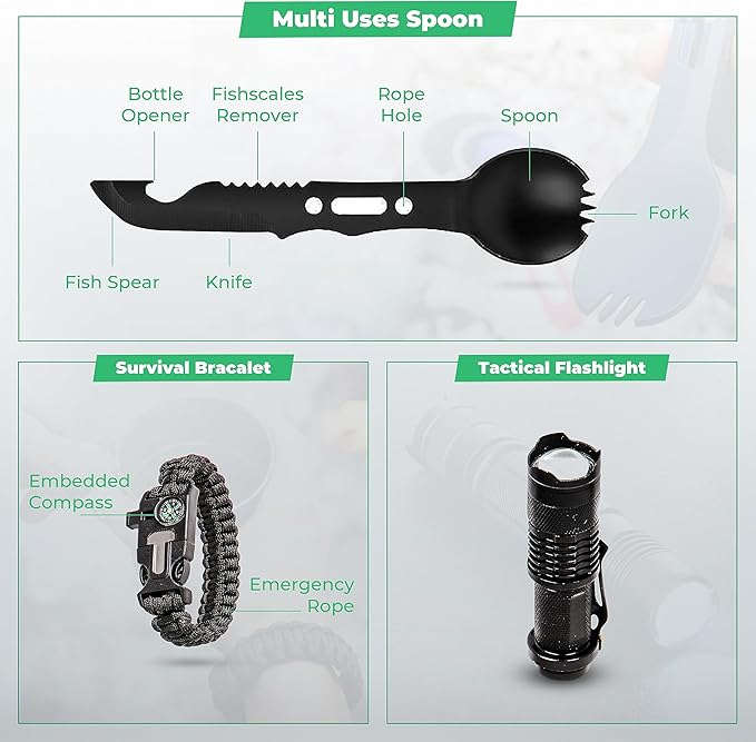 Survival Kit and First Aid Kit - Survival Gear and Equipment – Bug Out Bag Survival Kit - Camping Accessories with Axe, Shovel, Knife – Camping Gear – Camping Outdoor - Survival Gear