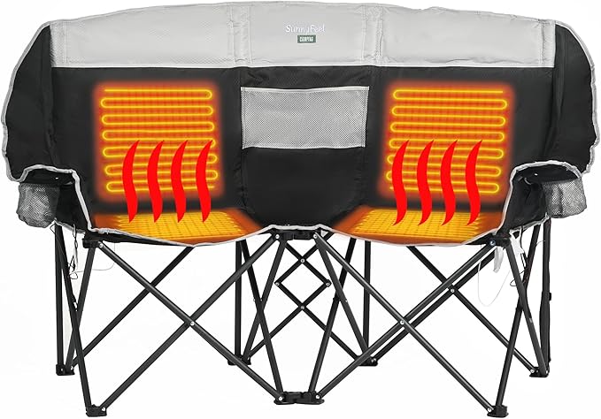 SUNNYFEEL Heated Double Camping Chair, Oversized Folding Loveseat Chair, Heavy Duty Portable/Foldable Lawn Chair for Beach/Outdoor/Travel/Picnic, Fold Up Camp Chairs for Adults 2 People