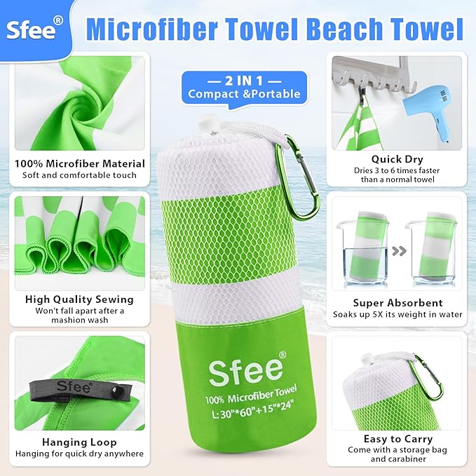 Sfee 2 in 1 Microfiber Oversized Beach Towel, Quick Dry Towel Travel Towel Camping Towel Super Absorbent Compact Lightweight Sports Towel Gym Towel for Beach,Gym, Hiking, Pool, Backpacking, Bath, Yoga