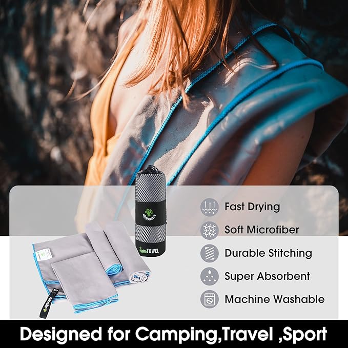 4Monster Camping Towels 3 Size at 1 Pack,Quick Dry Microfiber Towel,Beach Travel Towel Ultra Compact,Soft Gym Towel for Hiking Yoga Travel Sports Backpacking Trip and Pool