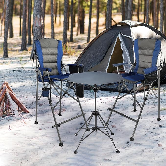 Extra Tall Folding Chairs & Adjustable Height Folding Table Set, Portable Outdoor Bar Table & Foldable Director Chairs with High Back and Storage Bag for Backyard,Beach,Travel
