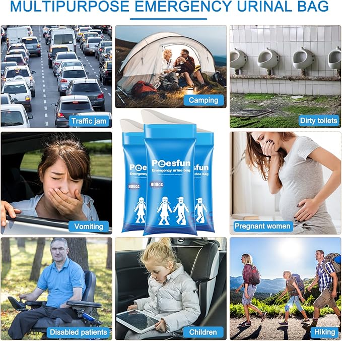 Portable Emergency Urinal Bag, 24 Pack Travel Urine Bag, 900ml Unisex Pee Bag, Resealable Disposable Urinal for car, Traffic Jams, Camping, Road Trips, Pregnant Women, Patients, Children