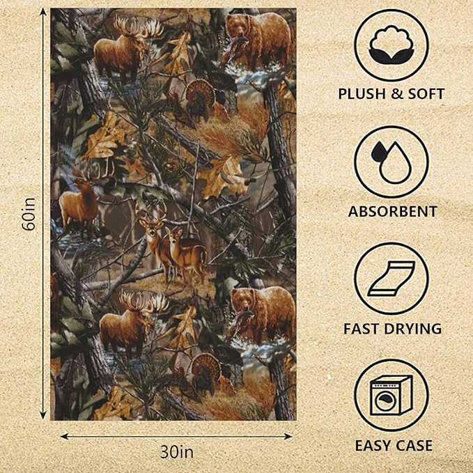 Camo Beach Towel Hunting Deer Bear, Aldult Quick Dry Camping Bath Towel, Absorbent Thin Lightweight Beach Blanket for Sports Travel Pool Swimming Bathroom 30 x 60 in