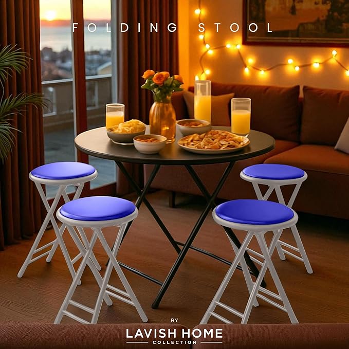 Lavish Home Folding Stool Set - Set of Four 24-Inch Padded Stools with 225lb Capacity for Kitchen, Dorm, or Rec Room - Portable Stools for Adults - Collapsible Sitting Stool Set for Seating (Blue)