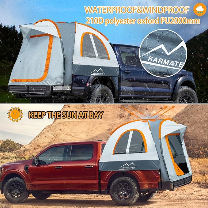 Pickup Truck Tent, Waterproof PU2000mm for Camping 5.5-6.5 Ft Bed, 2-Person Sleeping With Double Layer Design Windows, Expandable Triangle Sunshade Awning