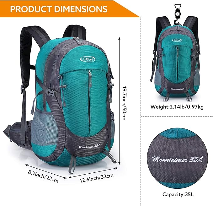 G4Free 35L Hiking Backpack Water Resistant Outdoor Sports Travel Daypack Lightweight with Rain Cover for Women Men (Peacock Green)