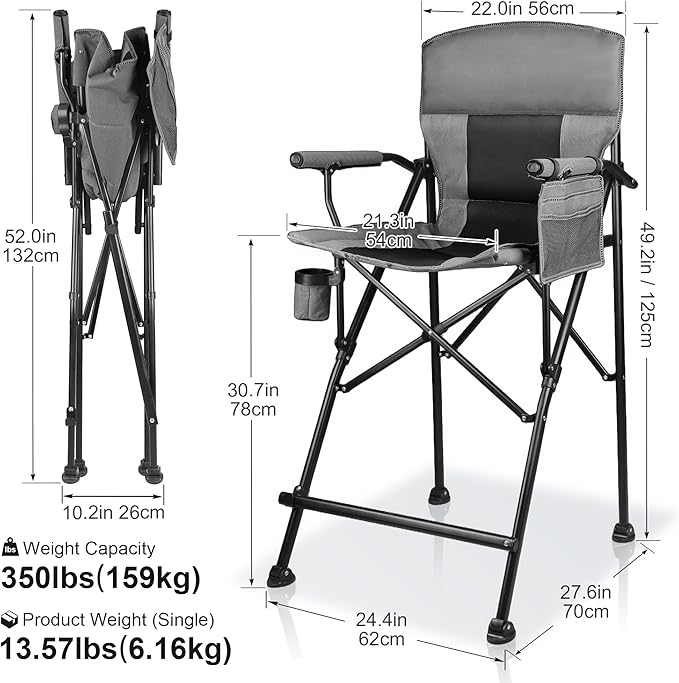 LANMONTAIN Extra Tall Directors Chair,Foldable w/Cup Holder,Side Mesh Pocket,Comfy Bar Height Camping Chairs for Adults,Heavy Duty Supports 350 Lbs,Hard Arm,Black&Grey