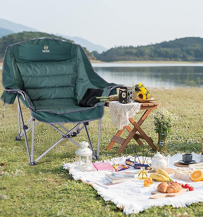 Nice C Camping Chairs, Oversized XL Padded Camping Chair, Outdoor Chair, Lawn Chairs, Lounge Chair, Wide&Thick, Heavy Duty 400lb, Carry Bag, Cupholder & Cooler (Two Green)