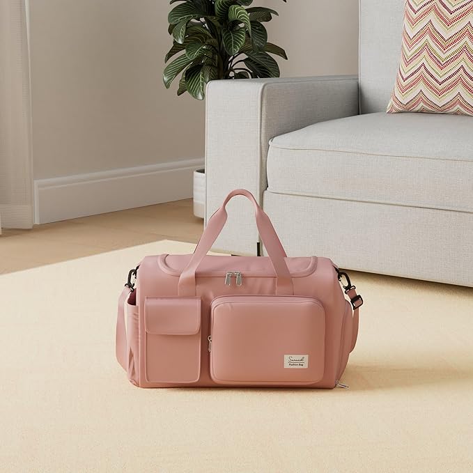 Travel Yoga Duffel Bag with Shoes Compartment Sports Gym Handbag with Dry Wet Separated Pocket for Training Men and Women, Overnight /Weekender Bag - Pink