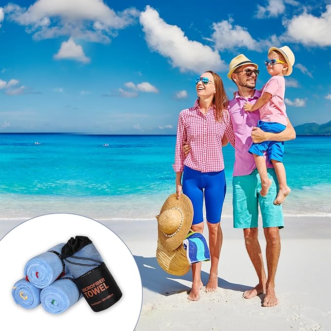 4 Pack Microfiber Camping Towels, Gym Towels Quick Dry Beach Towel with Travel Waterproof Accessory Bag,Super Absorbent Quick Dry Towels for Adults Kids (4, Black)