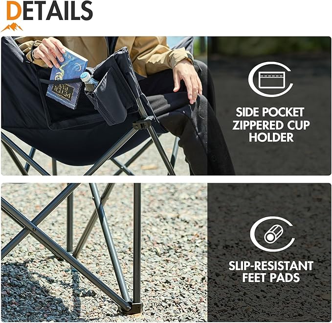Portal Oversized Padded Camping Chair - Heavy Duty Folding Chair with Cup Holder & Side Pocket, Supports 330 lbs, for Camping, Lawn, Sports, Black