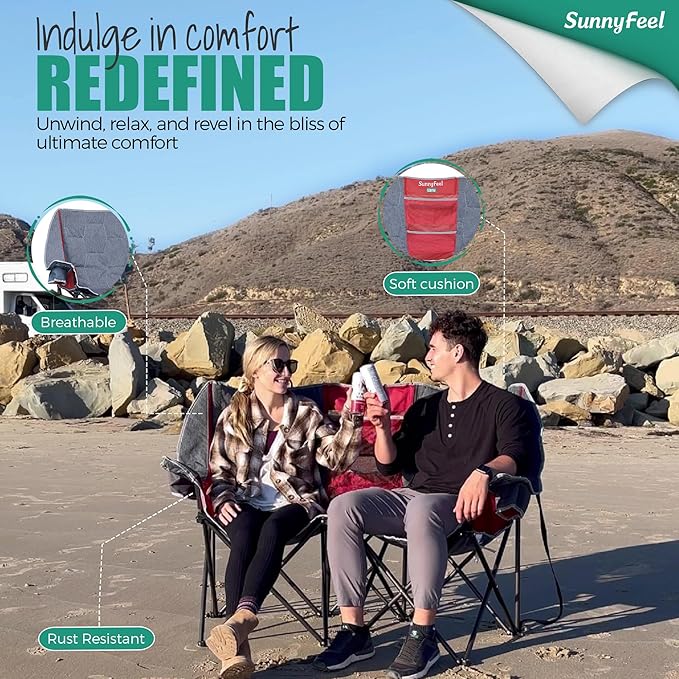 SUNNYFEEL Folding Double Camping Chair, Oversized Loveseat Chair, Heavy Duty Portable/Foldable Lawn Chair with Storage for Outside/Outdoor/Travel/Picnic, Fold Up Camp Chairs for Adults 2 People