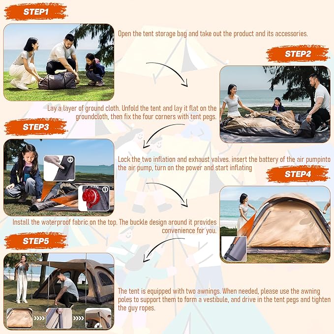 Automatic Inflatable Tent for Camping 4 Person, Pop Up Tents for Camping with 2-3 Min Set Up, Windproof Waterproof Tents with Mosquito Screen Window, Portable Tent for Traveling