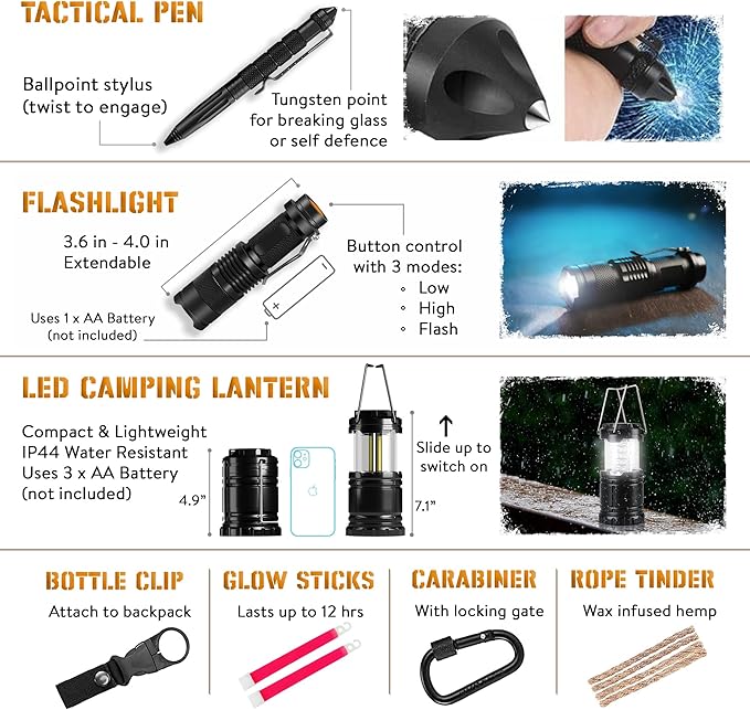 Survival Kit, 265 Pcs, First Aid Kit, Bug Out Bag, Hiking Gear Essentials, Emergency Outdoor Gear and Equipment, Molle System, EDC, Camping Accessories, Hunting, Gifts for Men.