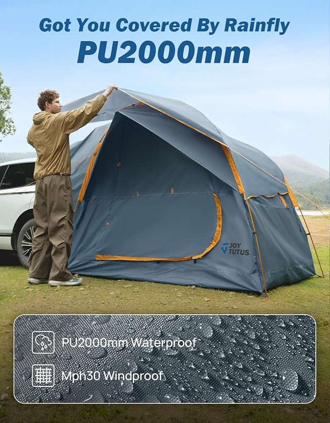 JOYTUTUS SUV Tent for Camping with Rainfly, Double Door Design Car Tent with Aluminum Poles, SUV Tailgate Tent with Waterproof PU2000mm Double Layer for 4-8 Person, Orange