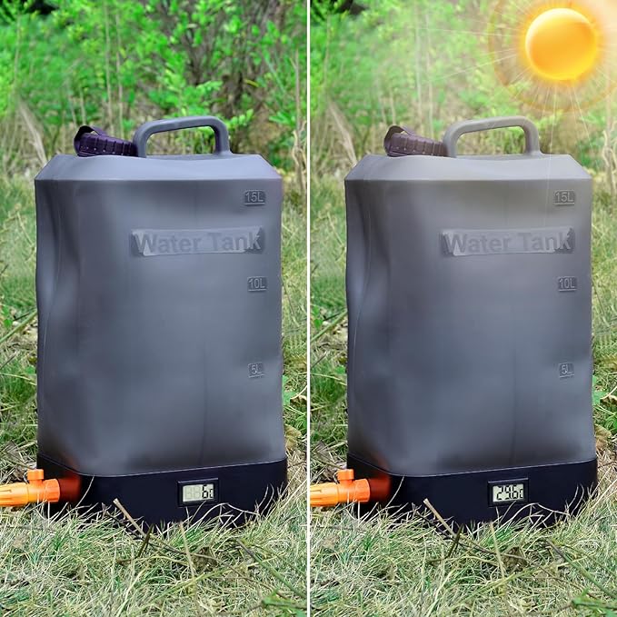 Portable Outdoor Shower, 4.5 Gallon Silicone Water Tank, Battery Powered and with Temperature Display, Solar Heating, Easy to Carry, Emergency Water in The car, Very Suitable for Camping, Beach
