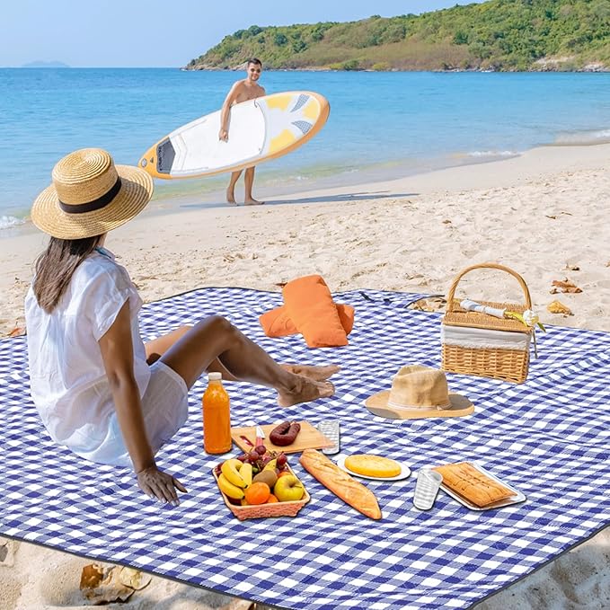 80''x100'' Extra Large Picnic Beach Blankets Waterproof Sandproof Foldable, Machine Washable Simple Stylish Gingham Outdoor Blankets Grass Lawn Park for Family Camping Party