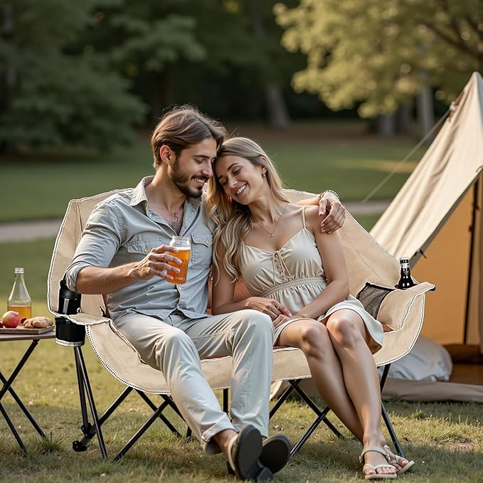 2 Person Fully Padded Camping Chair Oversized Loveseat Camping Chair Double Camping Chairs for Adults Heavy Duty Outdoor Camping Couch, Padded Seats & Armrests, 600Lbs, Moca