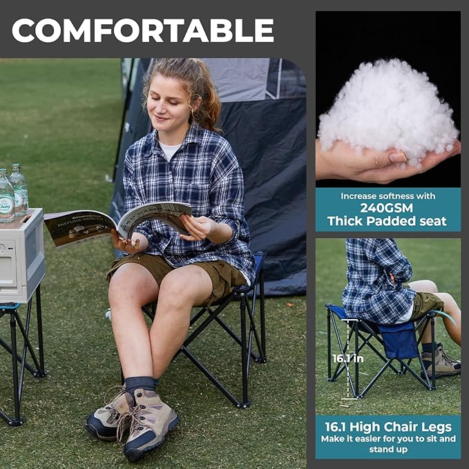 FUNDANGO Folding Camping Stool, 18.1 Inch Oversized Foot Rest 400 Lbs Heavy Duty Portable Padded Stools Seat Anti-Slip Foots & Carry Strap for Fishing Outdoor Lawn Travel (Grey)
