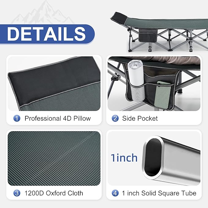 Camping Cot, Sleeping Cots for Adults, Portable Camping cots with Mattress, Pillow and Carry Bag, 1200D Double Layer Oxford, 600 LBS Weight Capacity Cots for Sleeping(Grey+Black)