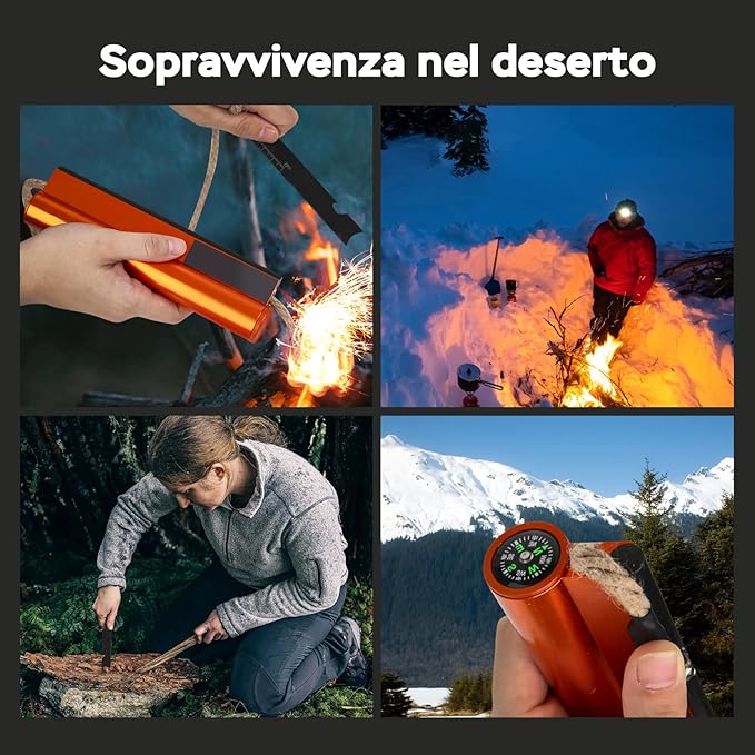 Flint and Steel Fire Starter Kit 7-in-1 XXL XL Ferro Rod Fire Steel Bushcraft Equipment, Portable Survival Magnesium Kit with 36" Waterproof Wick Rope,Multi Tool Scraper, Compass for Camping Hiking