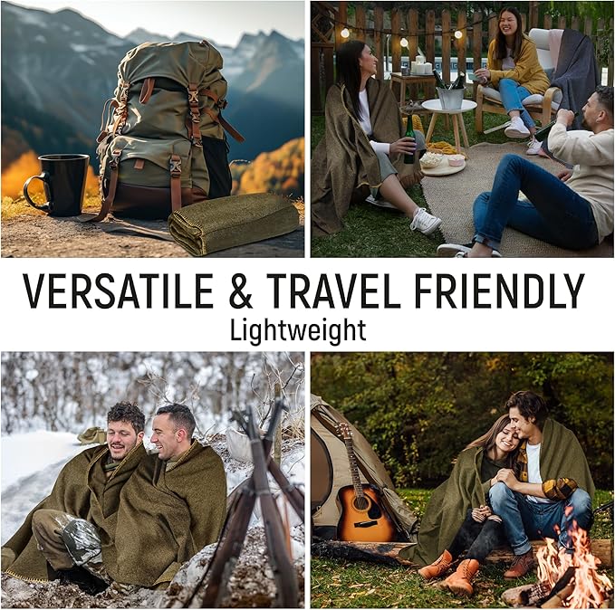 JMR Wool Camping Blanket - Warm Heavy Car Blanket & Camp Quilt - Survival Emergency Blanket for Sleeping Outdoors - Multi-Use Wool Blanket for Camping, Car & Home - 80% Wool, Olive Green, 66X90