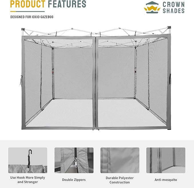 CROWN SHADES Gazebo Mosquito Net for 10 x 10 Pop Up Canopy - Patio Gazebo Mesh Sidewall with Zipper for Outdoor Tent, Garden and Backyard (4 Packs, Grey)