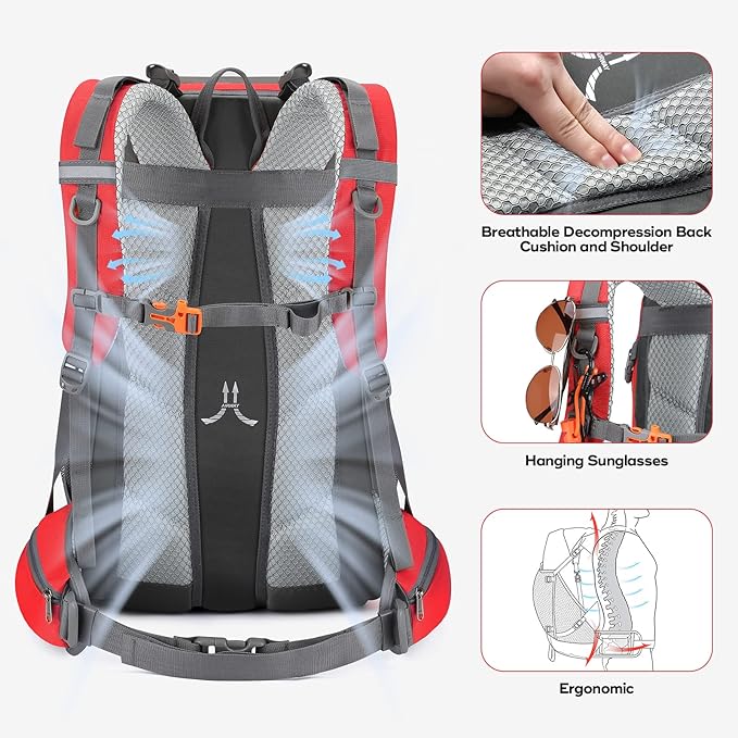 Maelstrom Hiking Backpack,Camping Backpack,40L Waterproof Hiking Daypack with Rain Cover,Lightweight Travel Backpack,Red