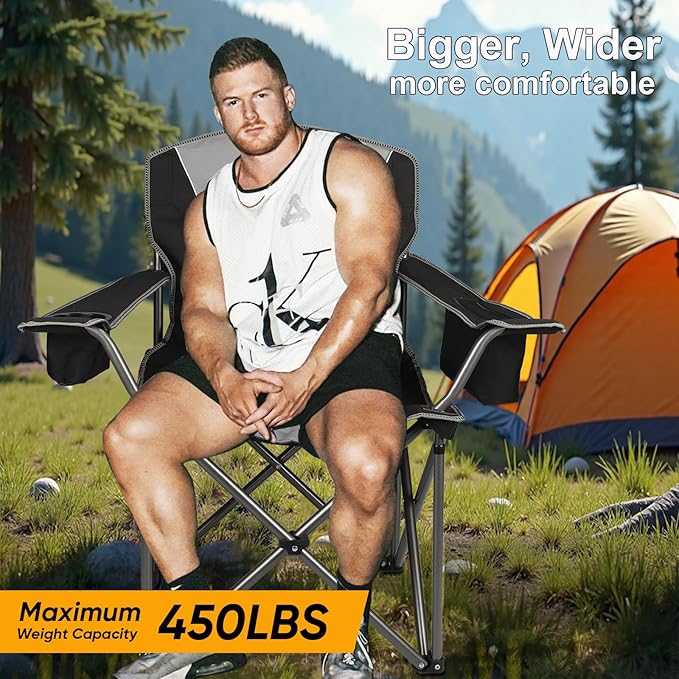 2 Pack Oversized Folding Camping Chairs for Adults, Heavy Duty Lawn Chairs with Cup Holder Storage and Cooler Bag, 450 LBS Weight Capacity, Padded Collapsible Chairs for Outdoor, Garden & Beach