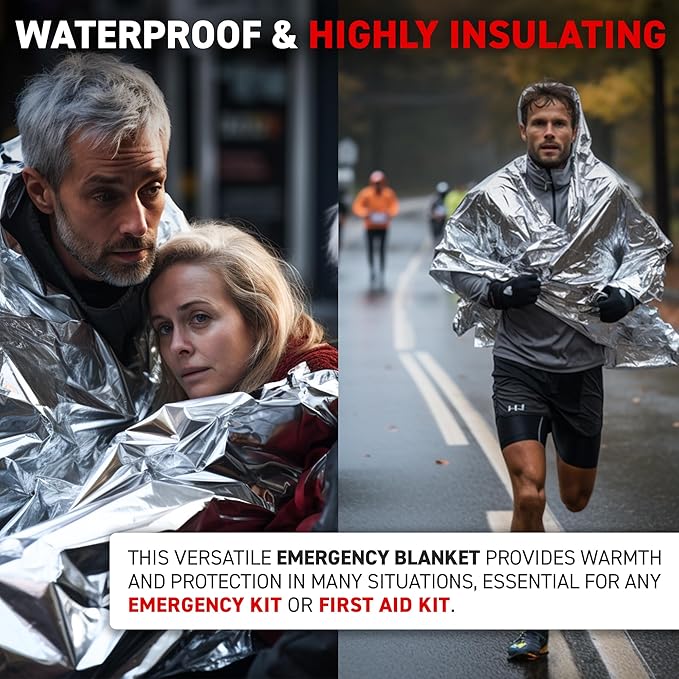 72 HRS Extra Large MIL-SPEC Emergency Mylar Thermal Blanket (Pack of 60) Heat Space Survival Blankets for Car, First Aid Kit, Hiking, and Shelter